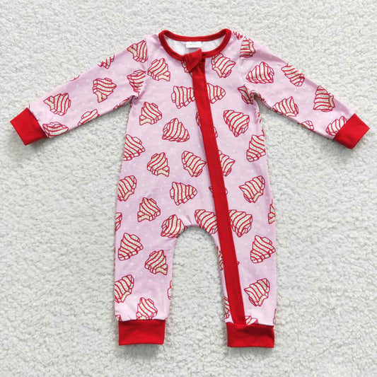 LR0340 Debbie Cake Pink Print Baby Girls Christmas Zipper Sleeper Romper