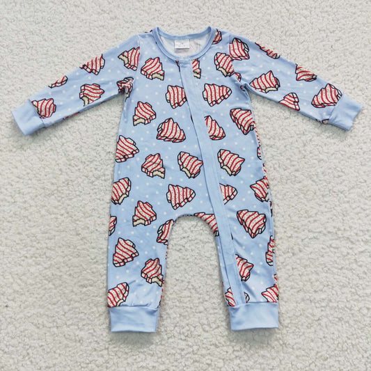 LR0345 Debbie Cake Blue Print Baby Boys Christmas Zipper Sleeper Romper