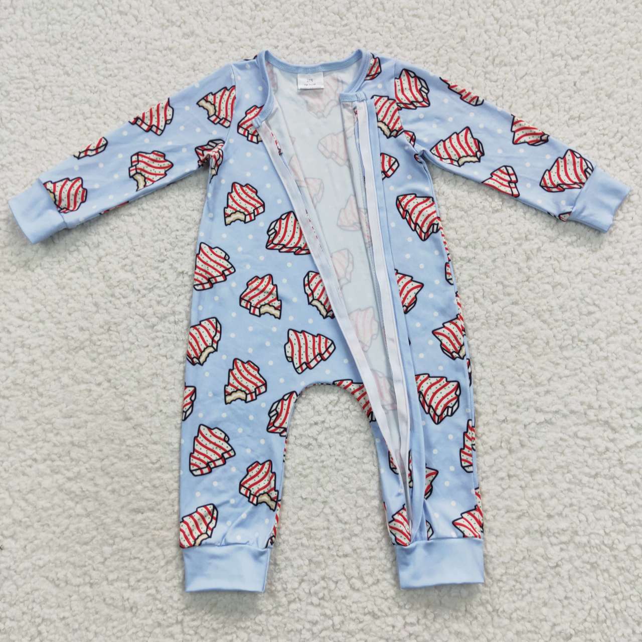LR0345 Debbie Cake Blue Print Baby Boys Christmas Zipper Sleeper Romper
