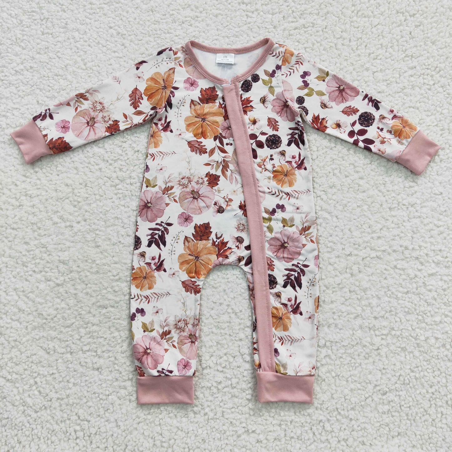 LR0363 Pumpkin Flowers Print Baby Girls Fall Zipper Sleeper Romper