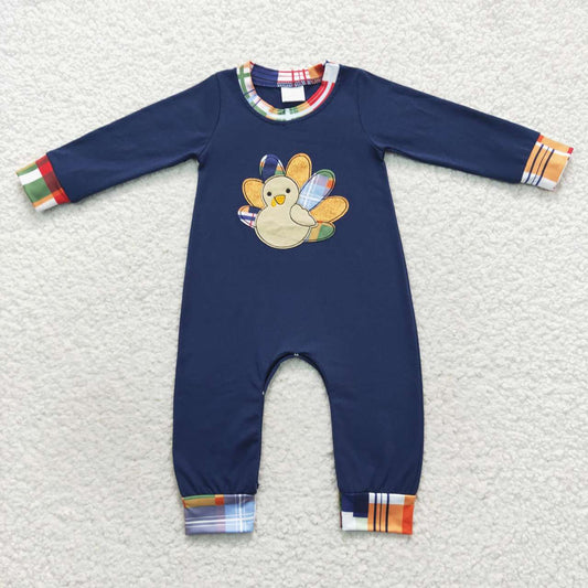 LR0367 Turkey Embroidery Navy Baby Boys Thanksgiving Romper