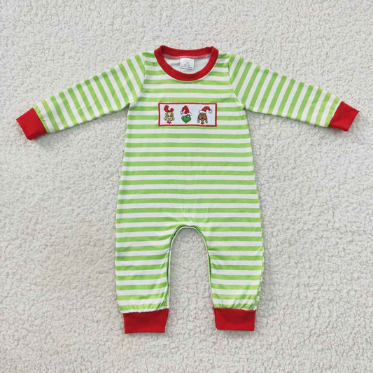 LR0388  Green Frog Embroidery Stripes Baby Boys Christmas Romper