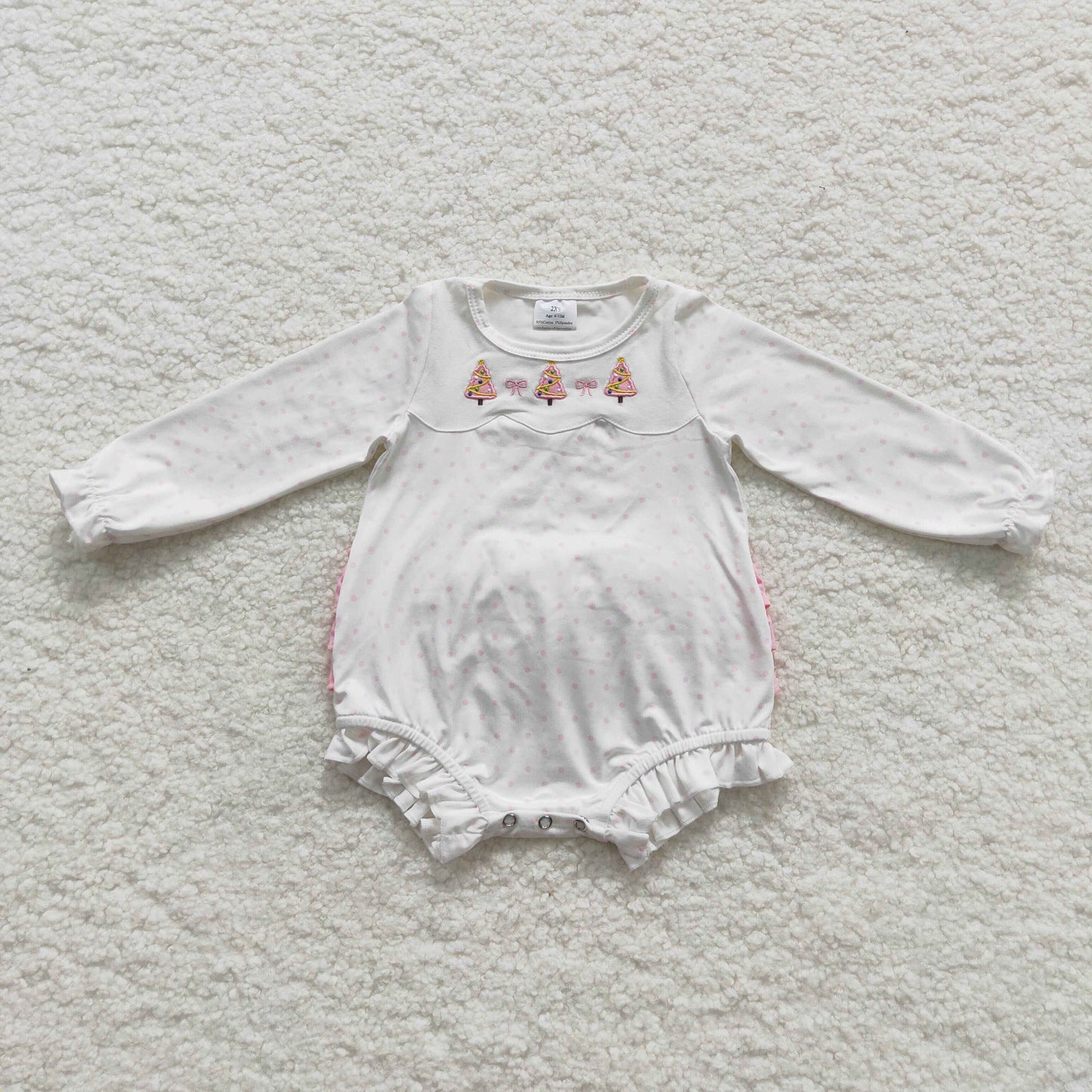 LR0392  Tree Embroidery Pink Dots White Baby Girls Christmas Ruffle Romper