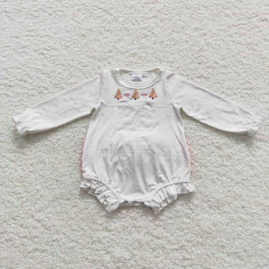 LR0392  Tree Embroidery Pink Dots White Baby Girls Christmas Ruffle Romper