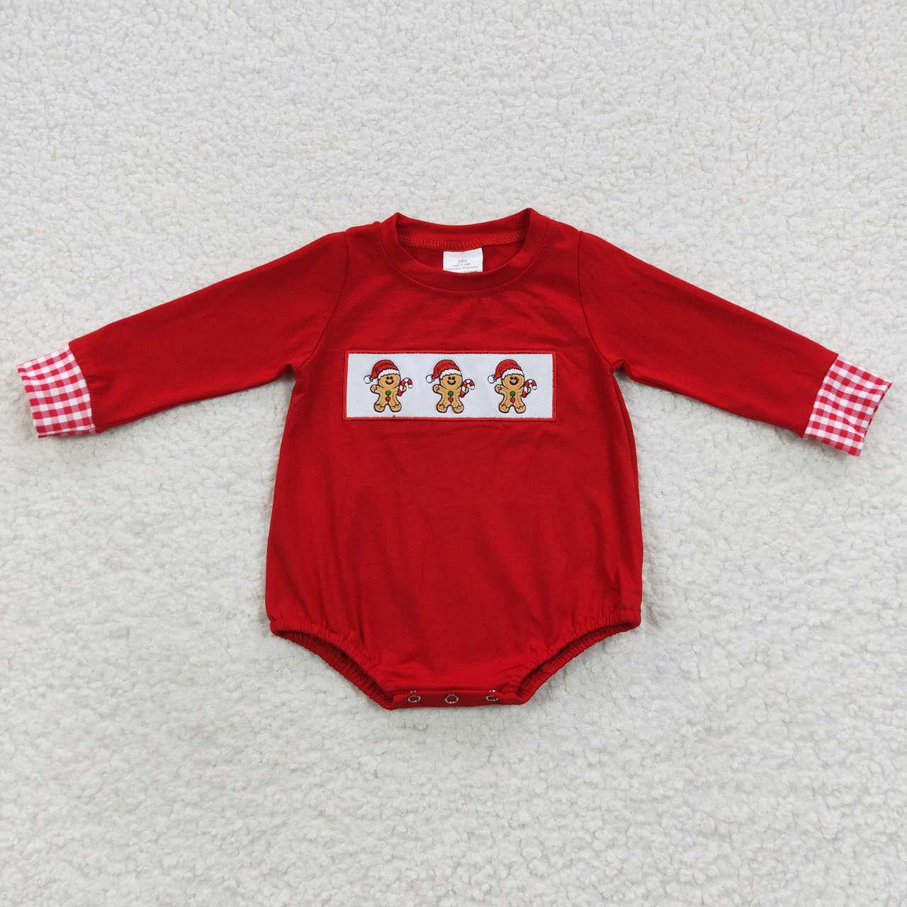 LR0394  Gingerbread Embroidery Red Baby Boys Christmas Romper