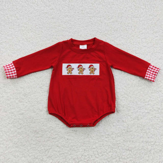 LR0394  Gingerbread Embroidery Red Baby Boys Christmas Romper