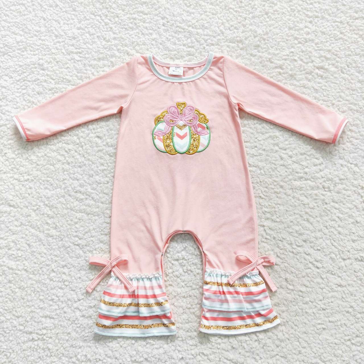LR0402 Pumpkin Embroidery Stripes Pink Baby Girls Fall Romper