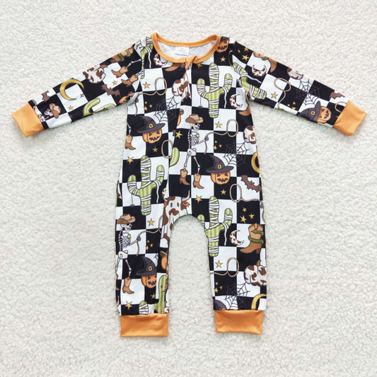 LR0404 Pumpkin Cowboy Checkered Baby Boys Halloween Zipper Sleeper Romper