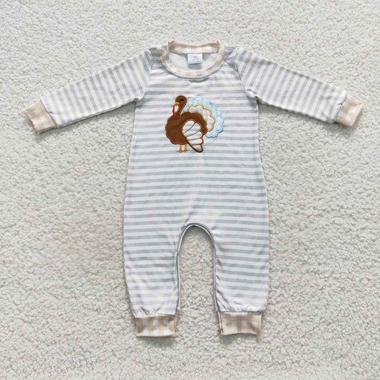 LR0429 Turkey Embroidery Stripes Baby Boys Thanksgiving Romper