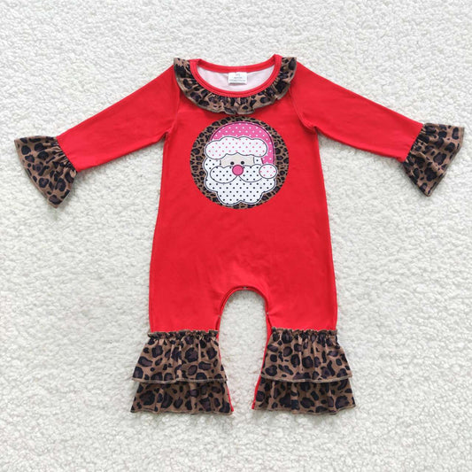 LR0435 Santa Leopard Red Print Baby Girls Christmas Ruffle Romper