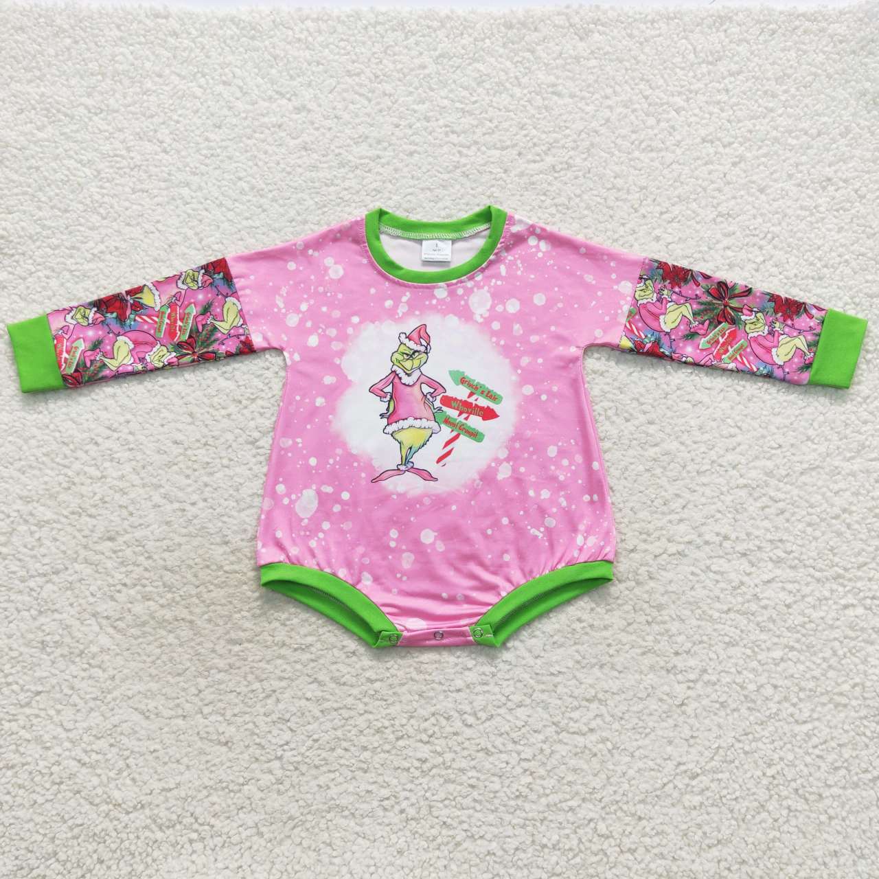 LR0439 Green Frog Pink Print Baby Girls Christmas Romper