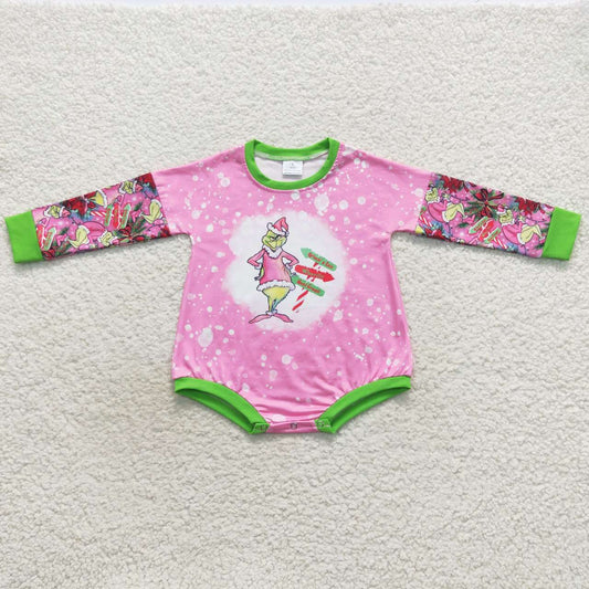 LR0439 Green Frog Pink Print Baby Girls Christmas Romper