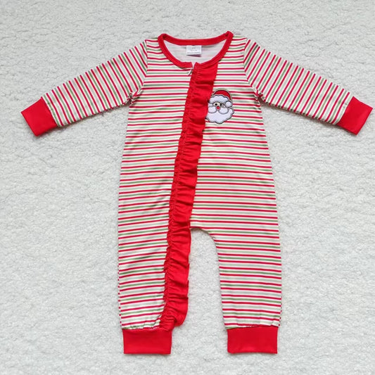 LR0441 Santa Embroidery Red Stripes Print Baby Girls Christmas Zipper Sleeper Romper