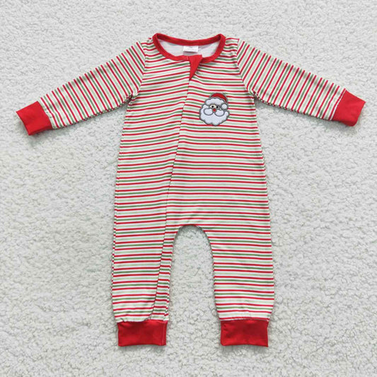LR0442 Santa Embroidery Red Stripes Print Baby Boys Christmas Zipper Sleeper Romper