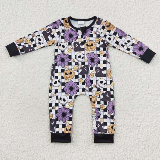 LR0445 Nightmar* Smiling Flowers Pumpkin Checkered Baby Girls Halloween Zipper Sleeper Romper