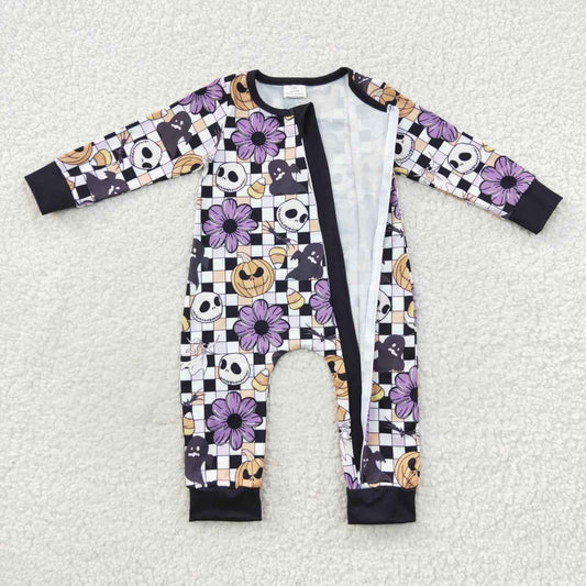 LR0445 Nightmar* Smiling Flowers Pumpkin Checkered Baby Girls Halloween Zipper Sleeper Romper
