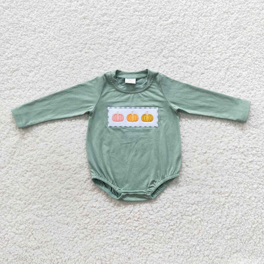 LR0451 Pumpkin Embroidery Green Baby Boys Fall Cotton Romper