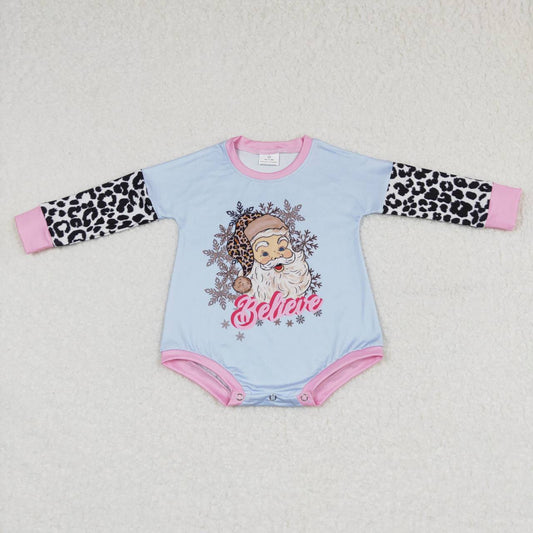 LR0462 Santa Believe Leopard Print Baby Girls Christmas Romper