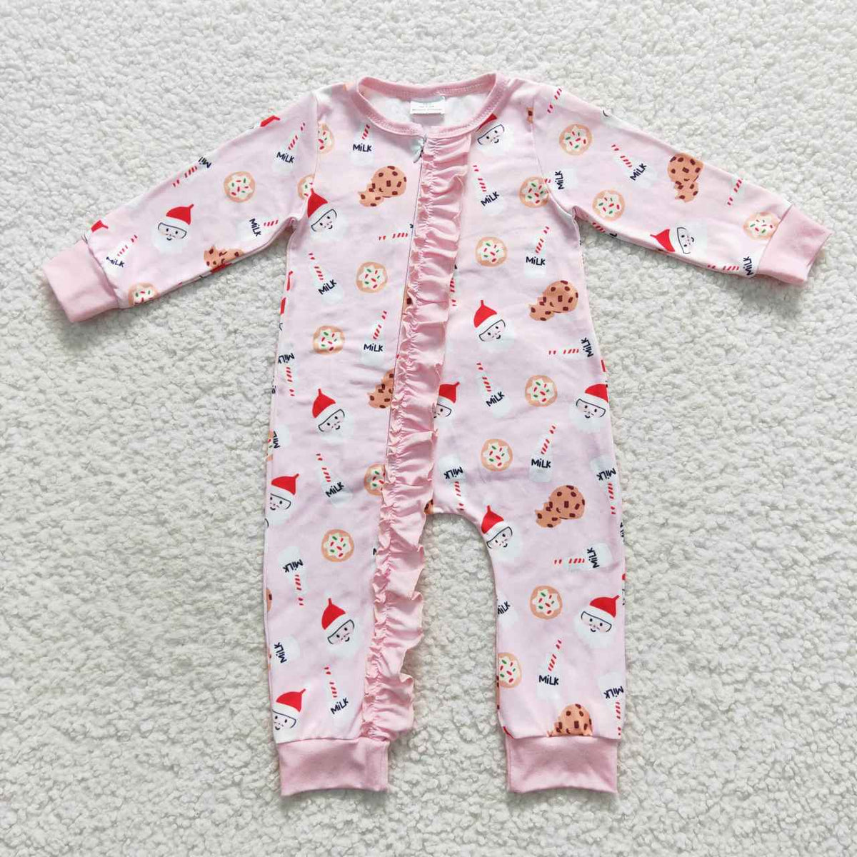 LR0471 Santa Milk Pink Print Baby Girls Christmas Zipper Sleeper Romper