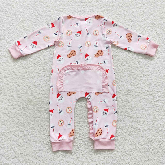 LR0471 Santa Milk Pink Print Baby Girls Christmas Zipper Sleeper Romper