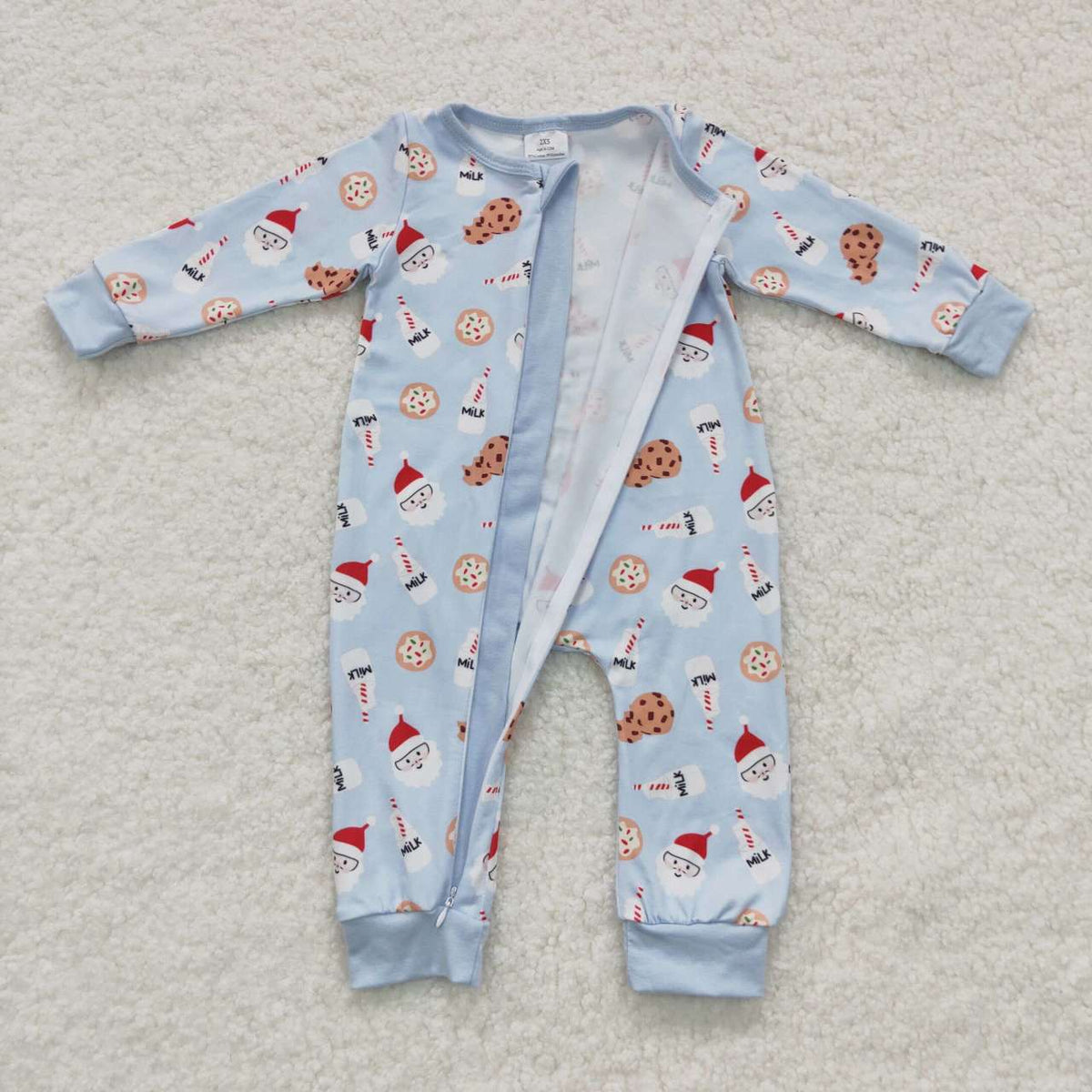 LR0472 Santa Milk Blue Print Baby Boys Christmas Zipper Sleeper Romper