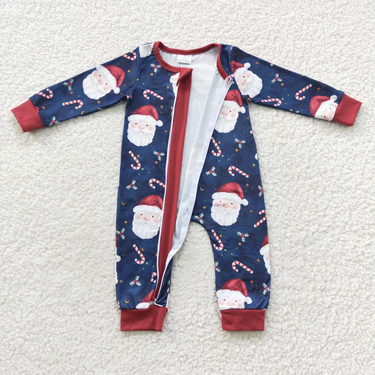 LR0498 Santa Candy Cane Holly Print Baby Christmas Zipper Sleeper Romper