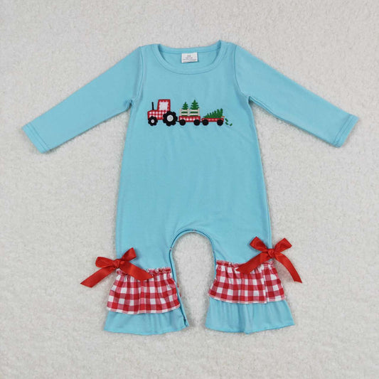LR0472  Tractor Tree Embroidery Blue Baby Girls Christmas Romper