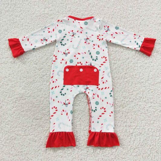 LR0501 Candy Cane Print Baby Girls Christmas Zipper Sleeper Romper