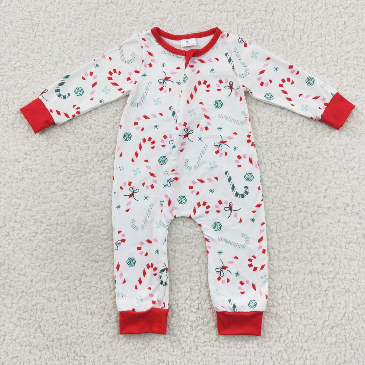 LR0506 Candy Cane Print Baby Boys Christmas Zipper Sleeper Romper