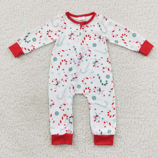 LR0506 Candy Cane Print Baby Boys Christmas Zipper Sleeper Romper