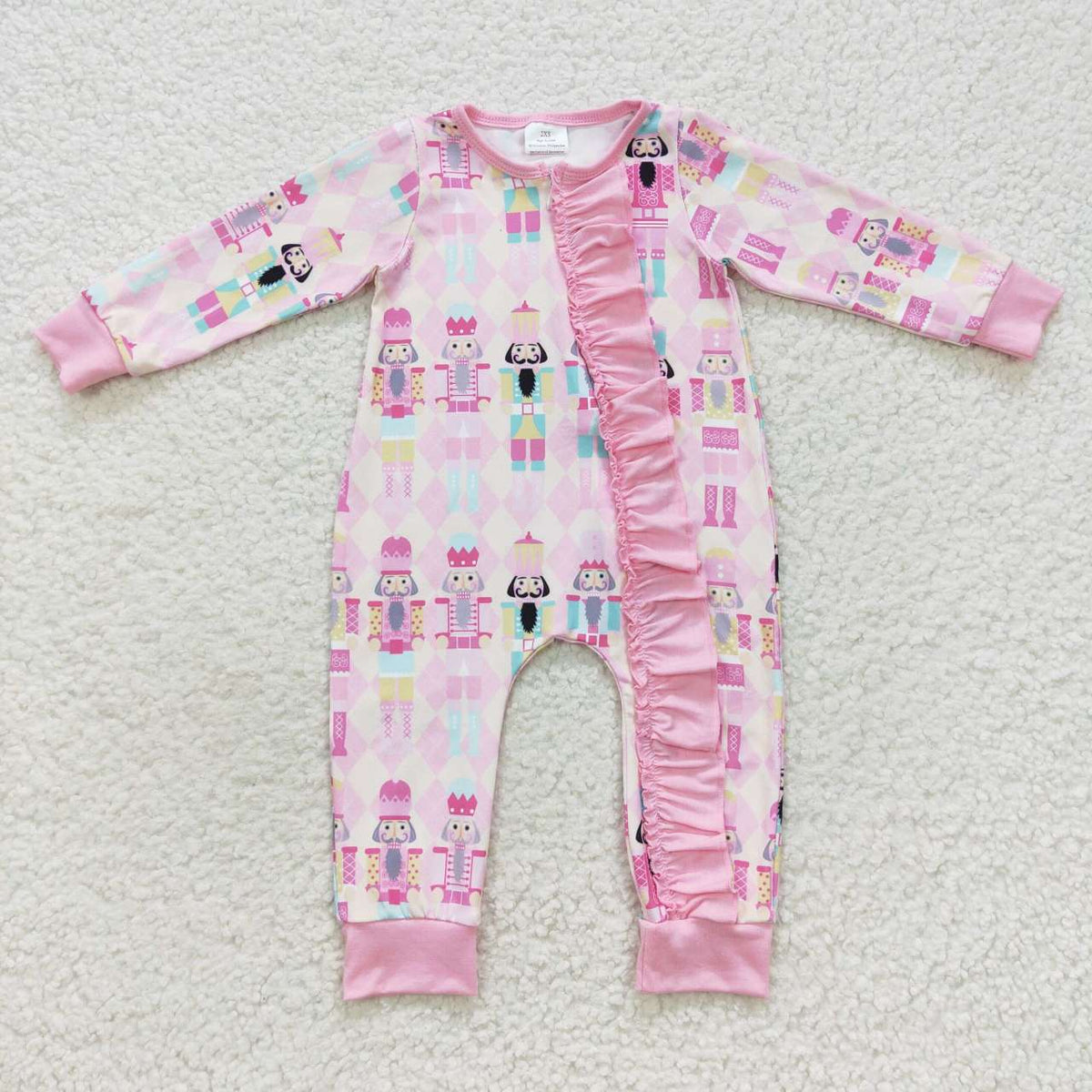 LR0509 Nutcracke* Soldier Pink Print Baby Girls Christmas Zipper Sleeper Romper
