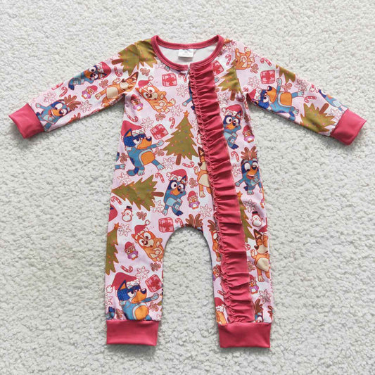 LR0512 Cartoon Dog Tree Print Baby Girls Christmas Zipper Sleeper Romper