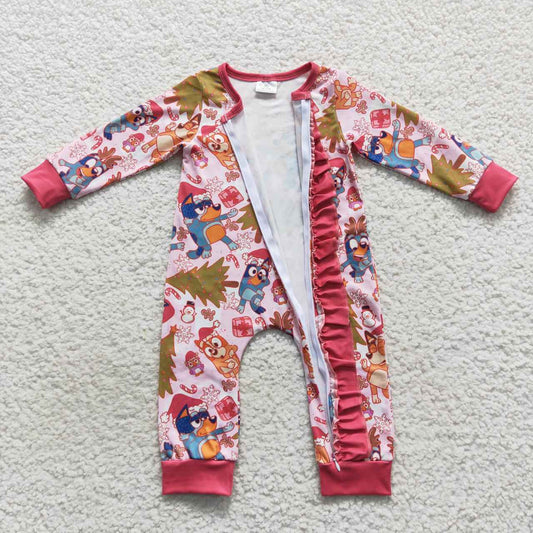 LR0512 Cartoon Dog Tree Print Baby Girls Christmas Zipper Sleeper Romper