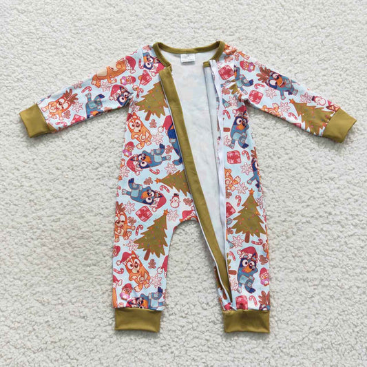 LR0513 Cartoon Dog Tree Print Baby Boys Christmas Zipper Sleeper Romper