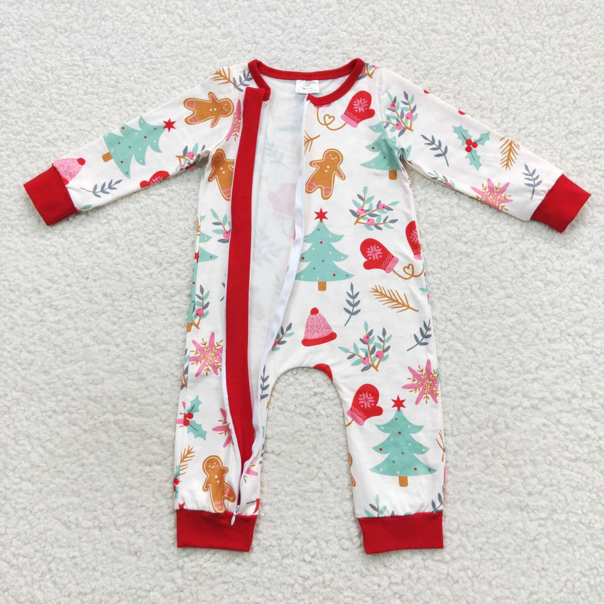 LR0522 Gingerbread Tree Holy Print Baby Christmas Zipper Sleeper Romper