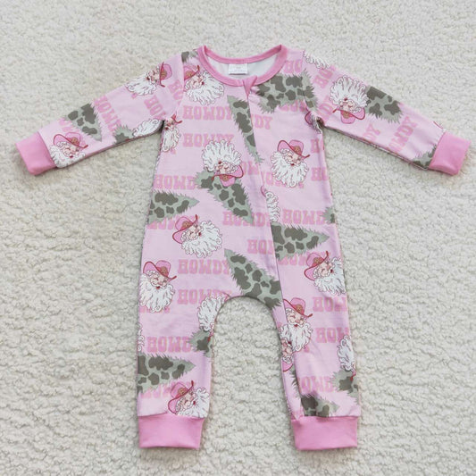 LR0548 Santa Howdy Pink Print Baby Girls Christmas Zipper Sleeper Romper