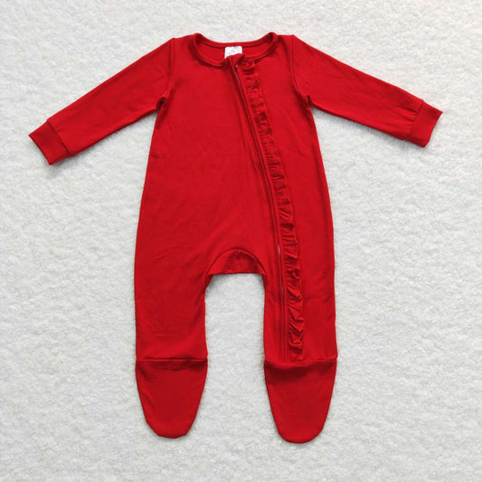 LR0550 Red Cotton Baby Girls Christmas Zipper Sleeper Footie Romper