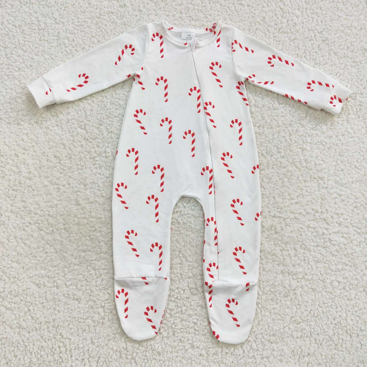 LR0551 Candy Cane Print Baby Christmas Zipper Sleeper Footie Romper