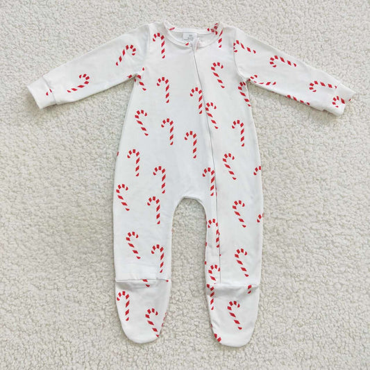LR0551 Candy Cane Print Baby Christmas Zipper Sleeper Footie Romper