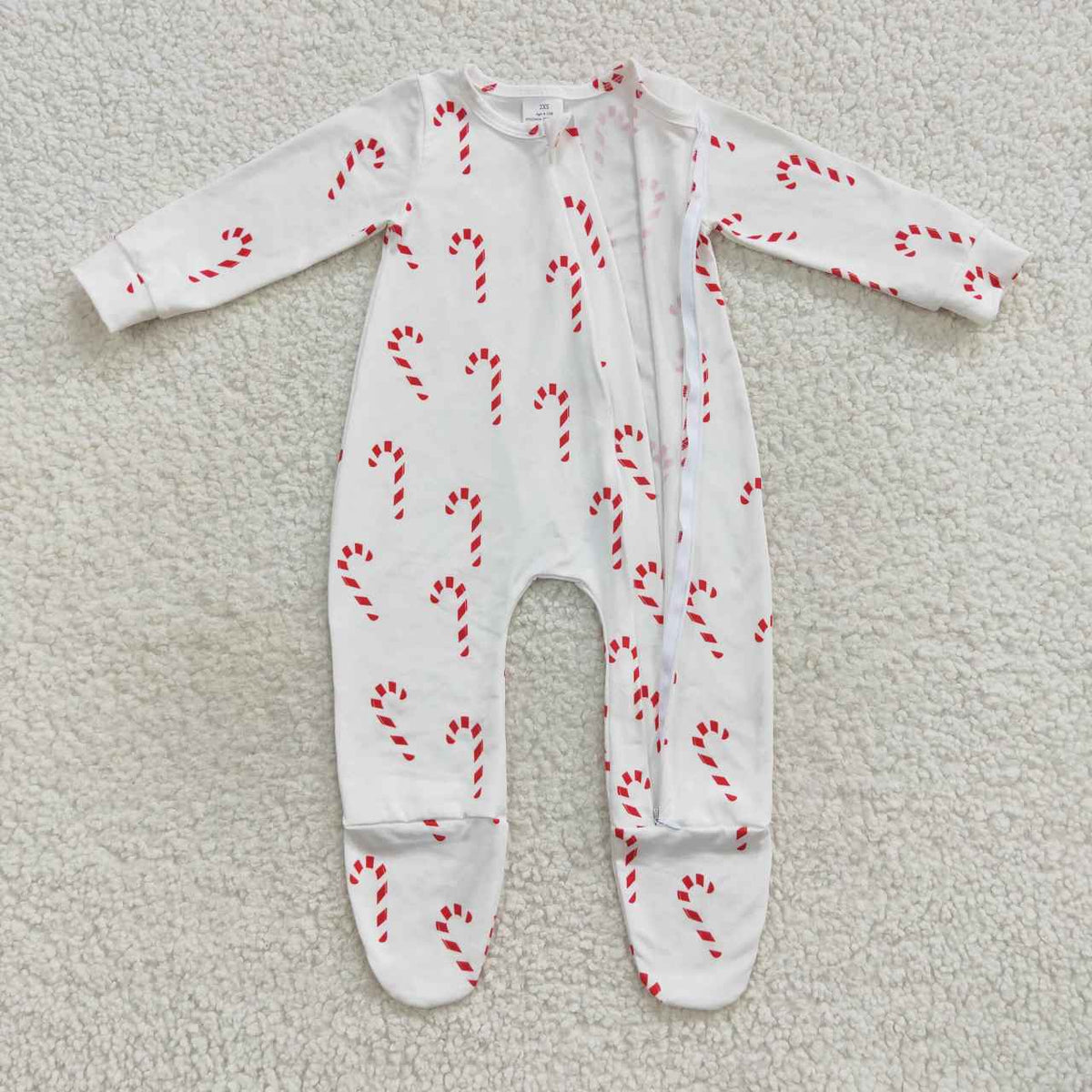LR0551 Candy Cane Print Baby Christmas Zipper Sleeper Footie Romper