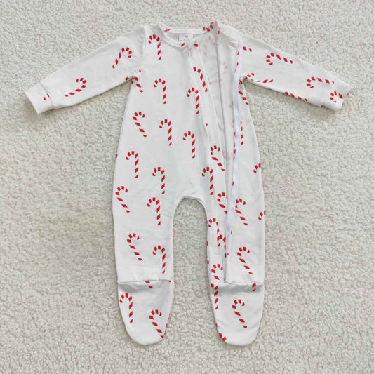 LR0551 Candy Cane Print Baby Christmas Zipper Sleeper Footie Romper