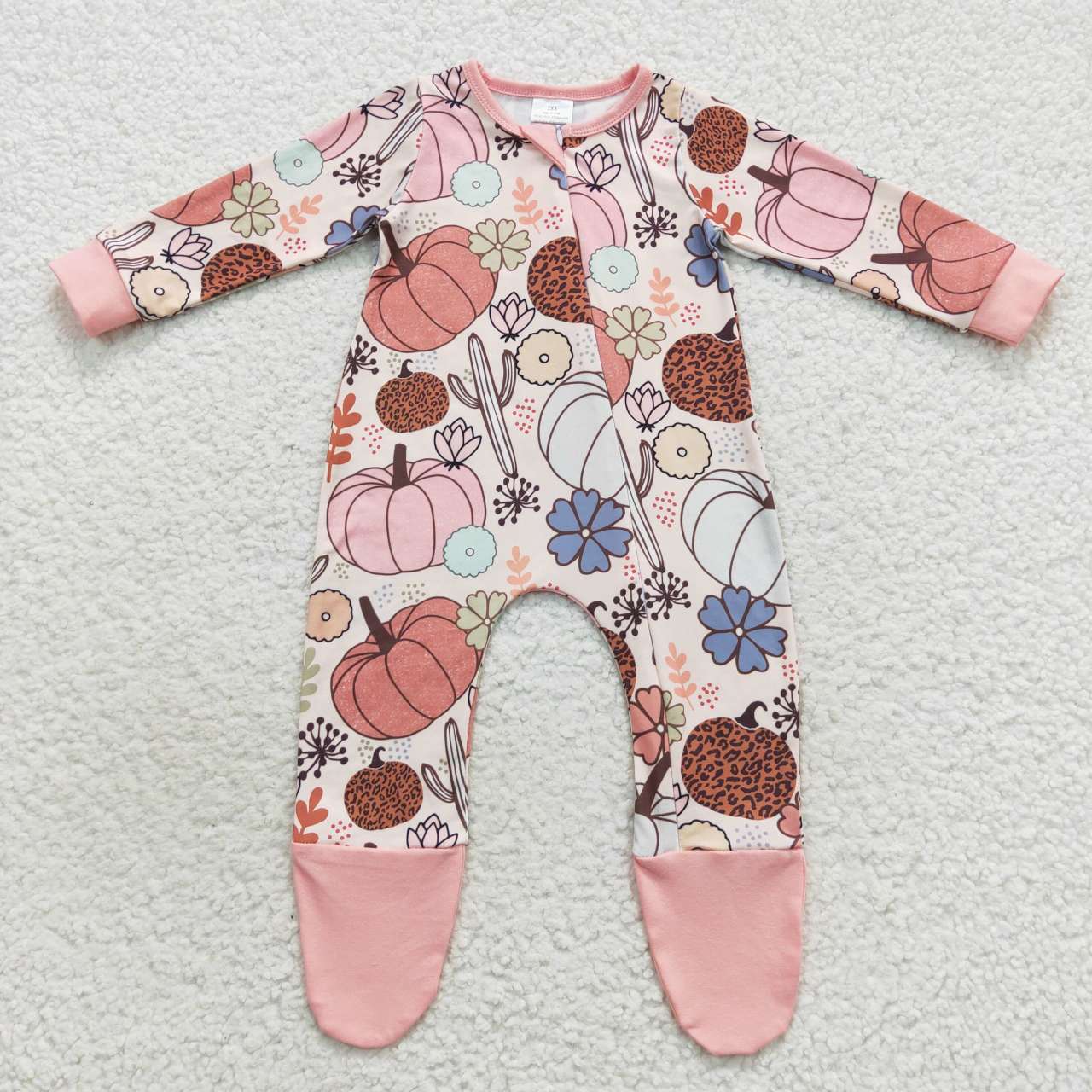 LR0553 Pumpkin Flowers Pink Baby Girls Fall Zipper Sleeper Romper