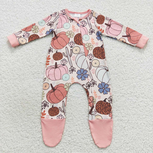 LR0553 Pumpkin Flowers Pink Baby Girls Fall Zipper Sleeper Romper