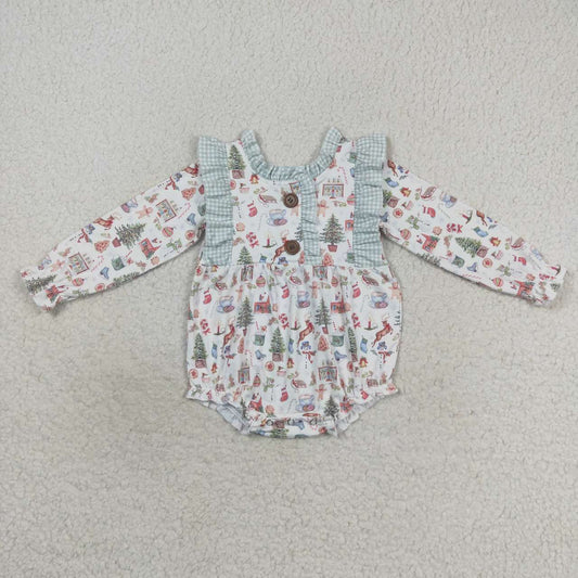 LR0556 Snowman Candy House Print Baby Girls Christmas Ruffle Romper