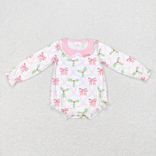 LR0577 Holly Bows Print Baby Girls Christmas Doll Collar Romper