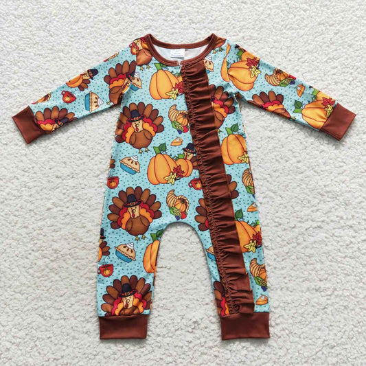 LR0580 Turkey Pumpkin Pie Print Baby Girls Thanksgiving Zipper Sleeper Romper