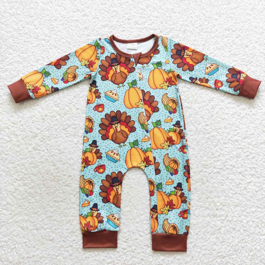 LR0581 Turkey Pumpkin Pie Print Baby Boys Thanksgiving Zipper Sleeper Romper