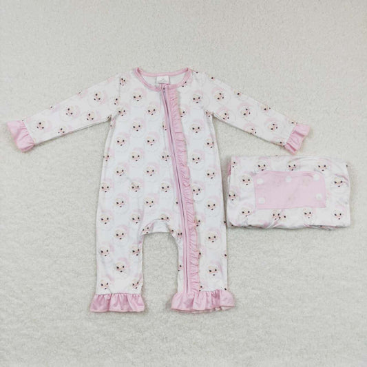 LR0584 Santa Pink Print Baby Girls Christmas Zipper Sleeper Romper
