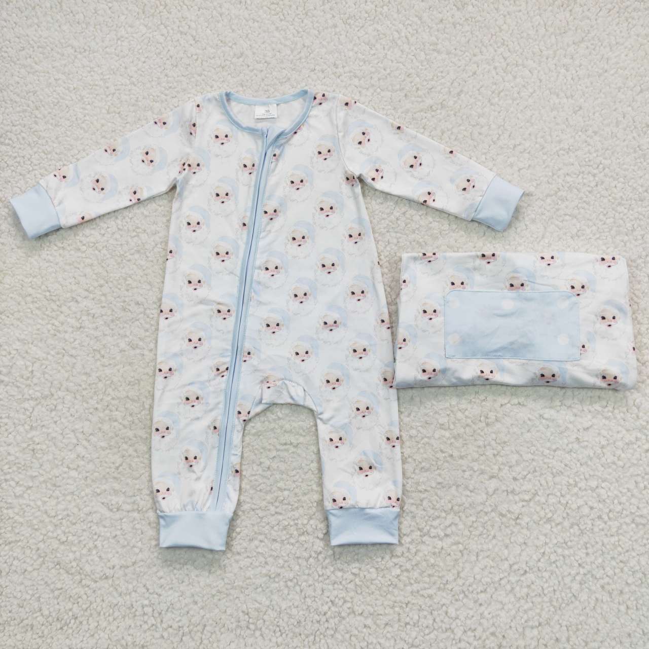 LR0585 Santa Blue Print Baby Boys Christmas Zipper Sleeper Romper
