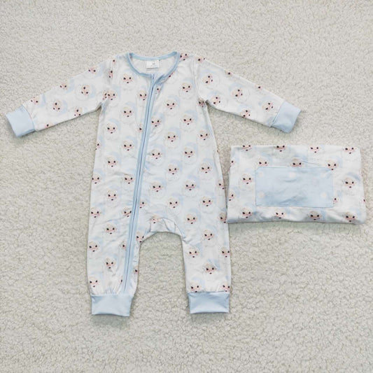 LR0585 Santa Blue Print Baby Boys Christmas Zipper Sleeper Romper